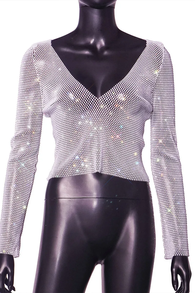 TR3025 Fishnet Rhinestones Shirt Top
