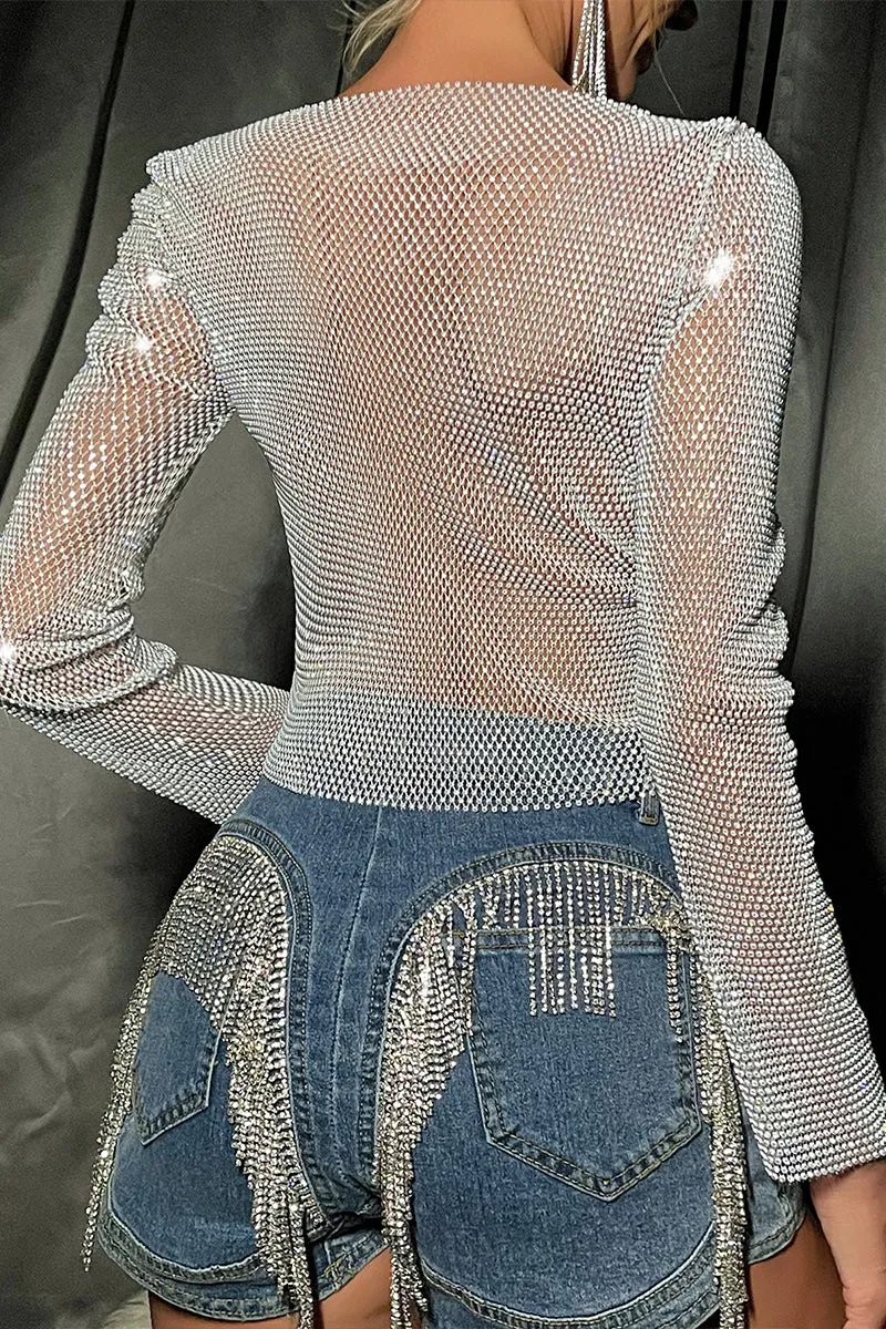 TR3025 Fishnet Rhinestones Shirt Top