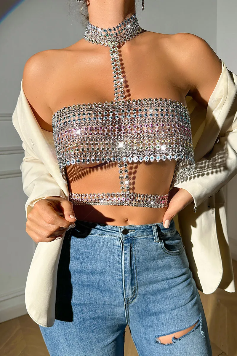 TR3027 Rhinestoens Choker Top