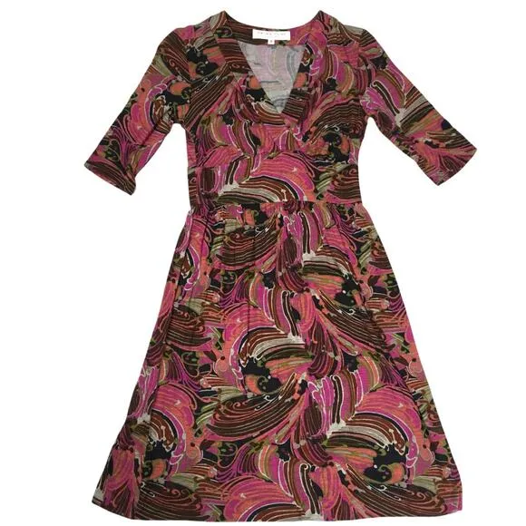 Trina Turk Dress Multi-Color Abstract Print Half Sleeve V-Neck Stretch Women's 0