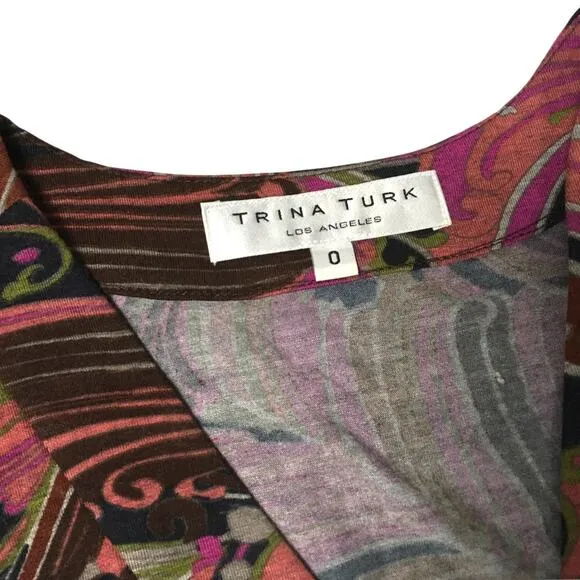 Trina Turk Dress Multi-Color Abstract Print Half Sleeve V-Neck Stretch Women's 0