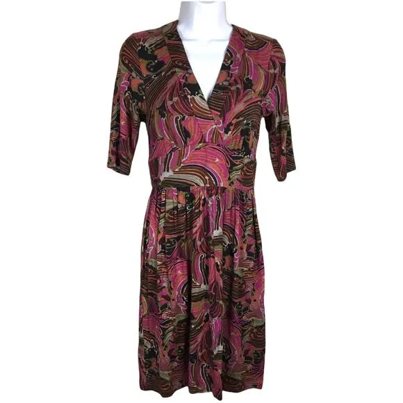 Trina Turk Dress Multi-Color Abstract Print Half Sleeve V-Neck Stretch Women's 0