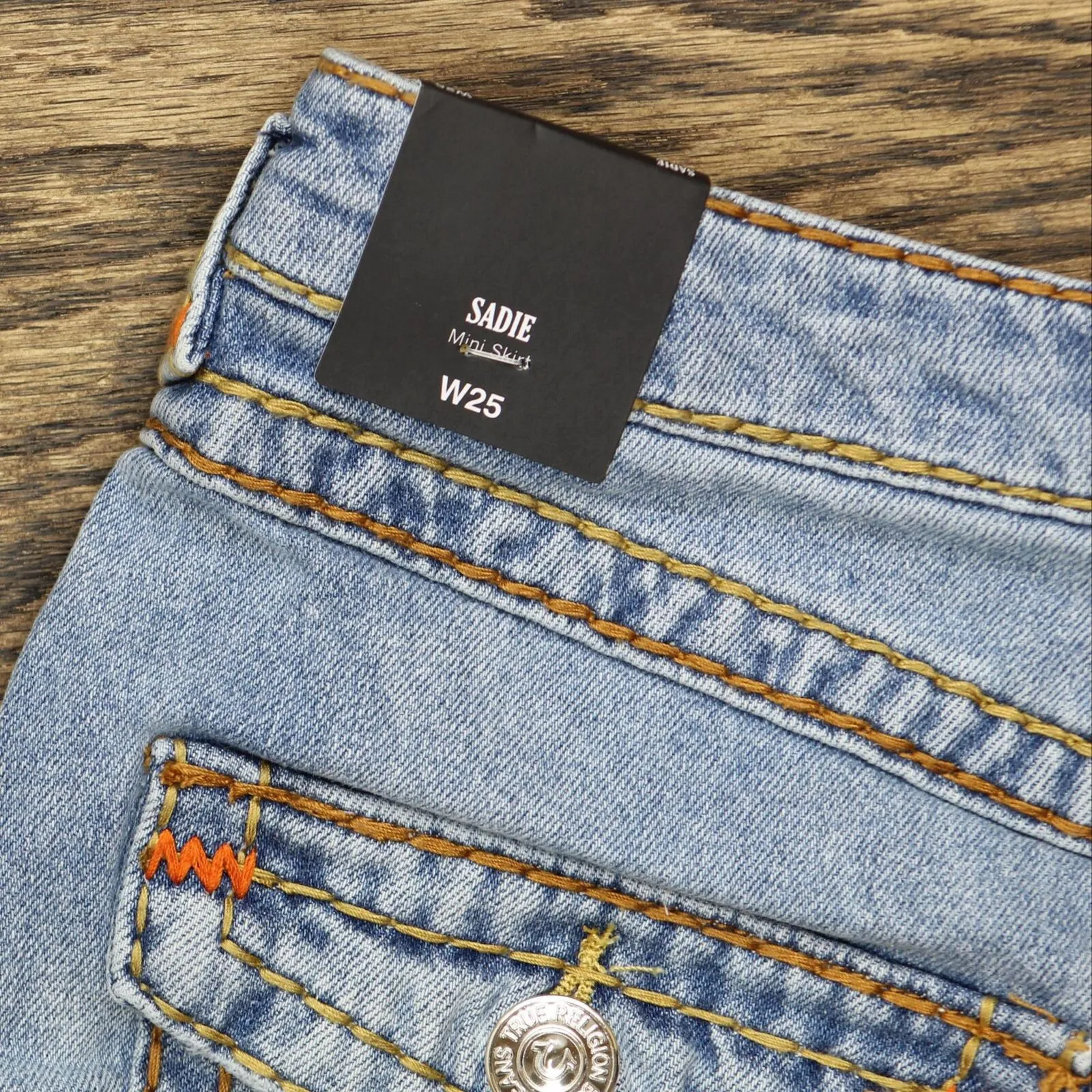 True Religion Womens Sadie Mini Skirt Flap Lupine Sky Blue W/ Destroy 25