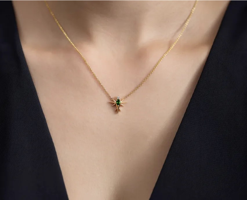 Tsavorite & Diamond Bird Necklace-Yellow Gold