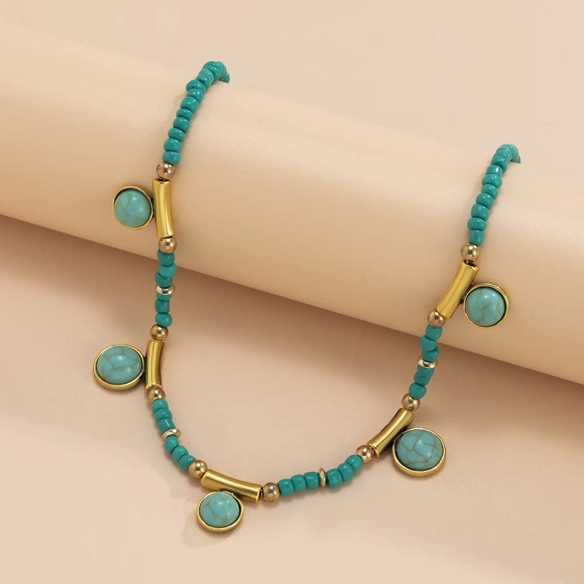 Turquoise & 18K Gold-Plated Round Station Necklace