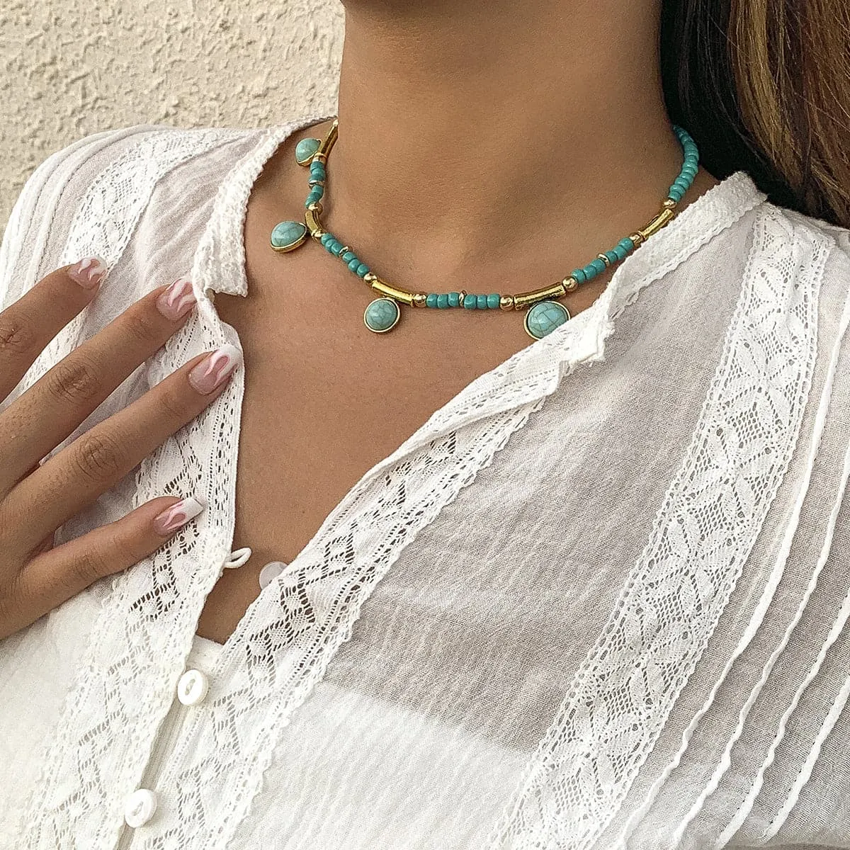 Turquoise & 18K Gold-Plated Round Station Necklace