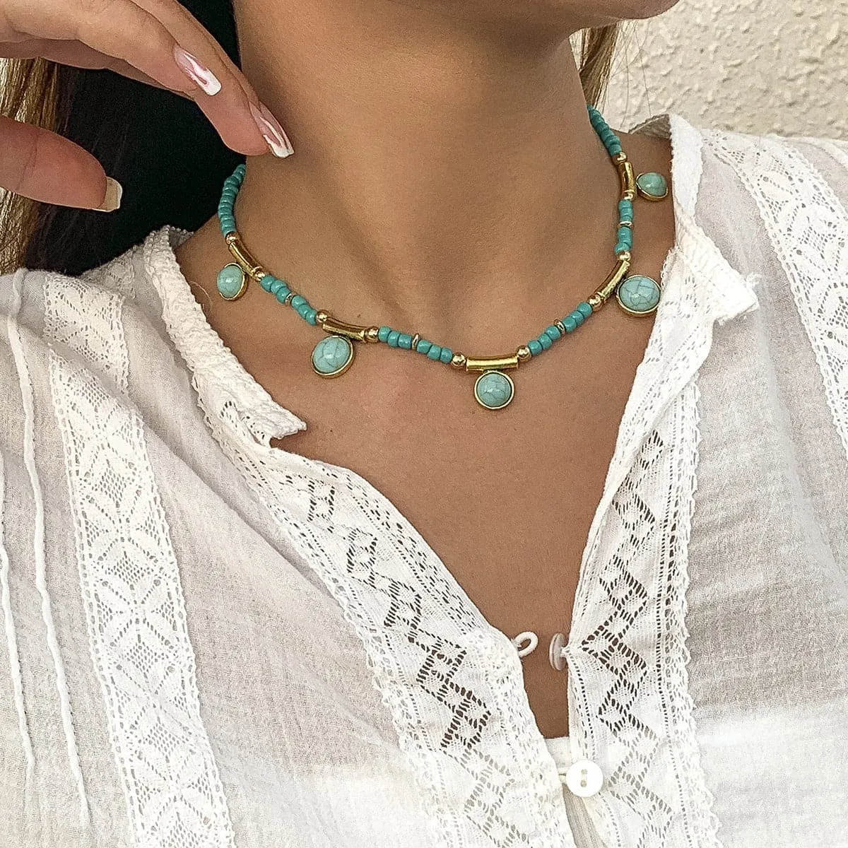 Turquoise & 18K Gold-Plated Round Station Necklace