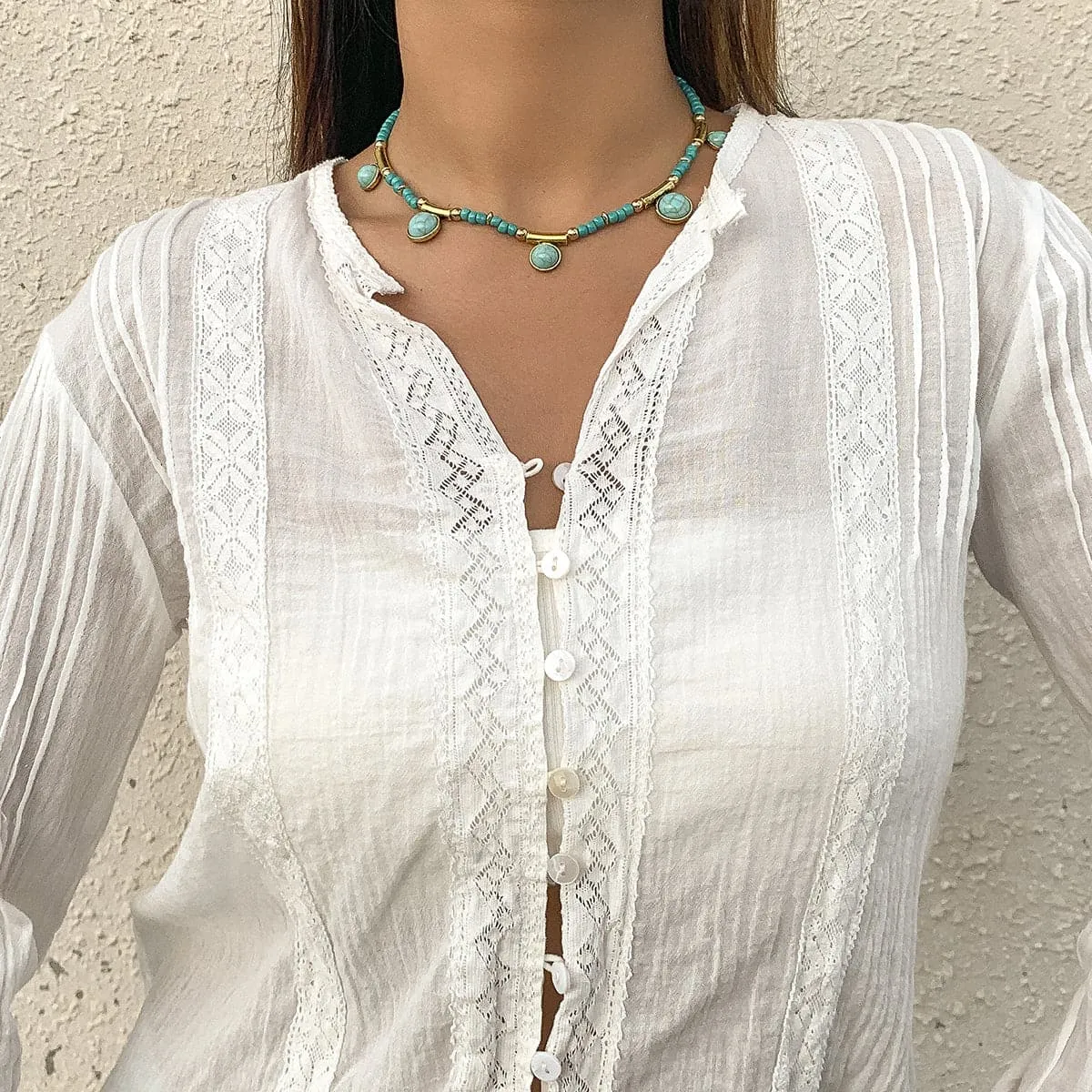 Turquoise & 18K Gold-Plated Round Station Necklace
