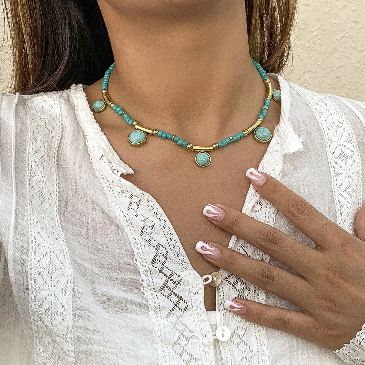 Turquoise & 18K Gold-Plated Round Station Necklace