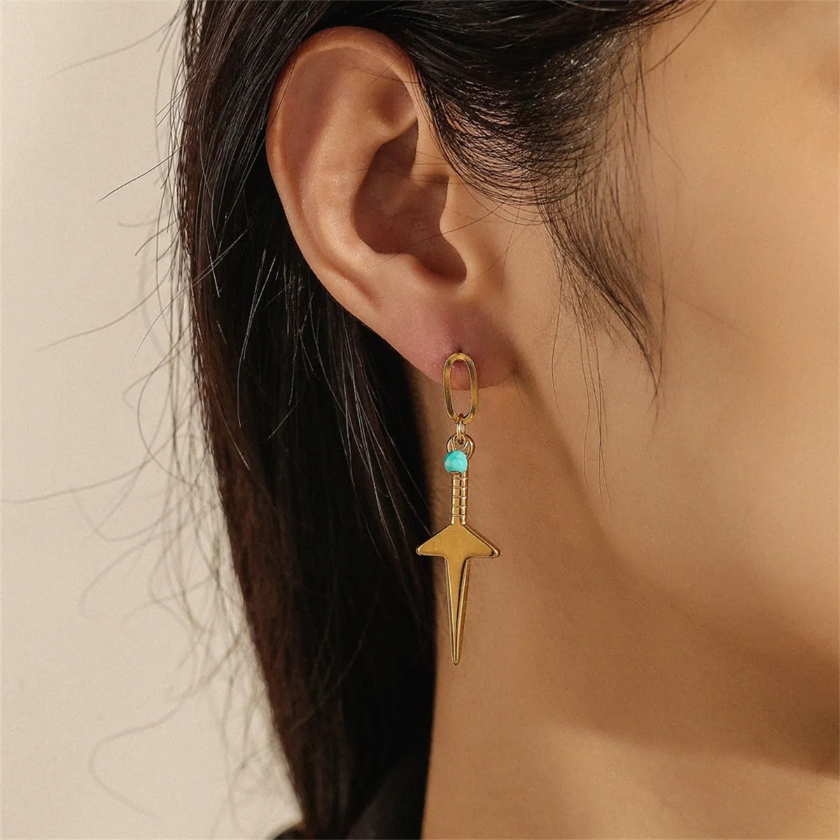 Turquoise & 18K Gold-Plated Sword Shield Mismatching Drop Earrings
