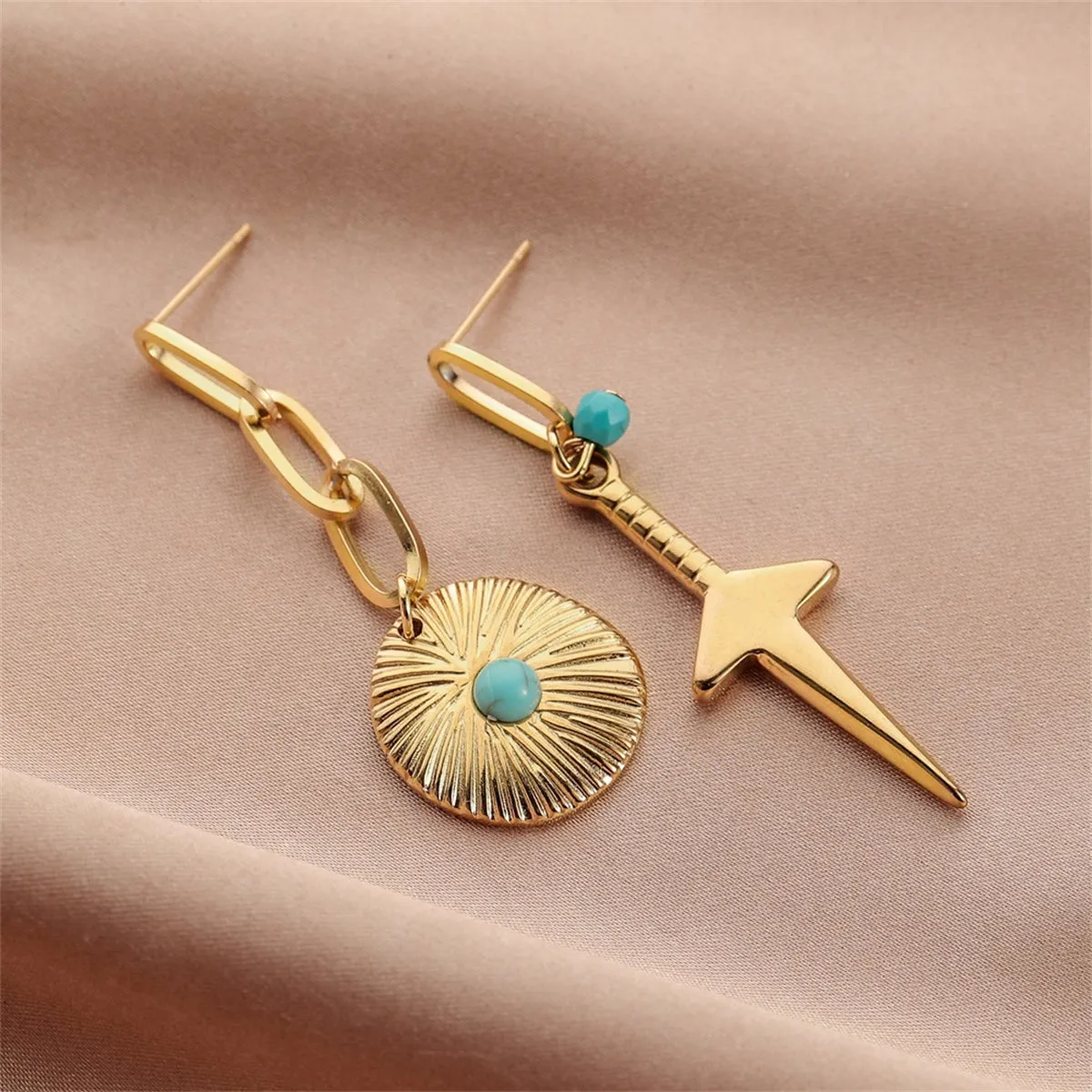 Turquoise & 18K Gold-Plated Sword Shield Mismatching Drop Earrings