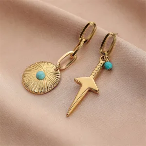 Turquoise & 18K Gold-Plated Sword Shield Mismatching Drop Earrings