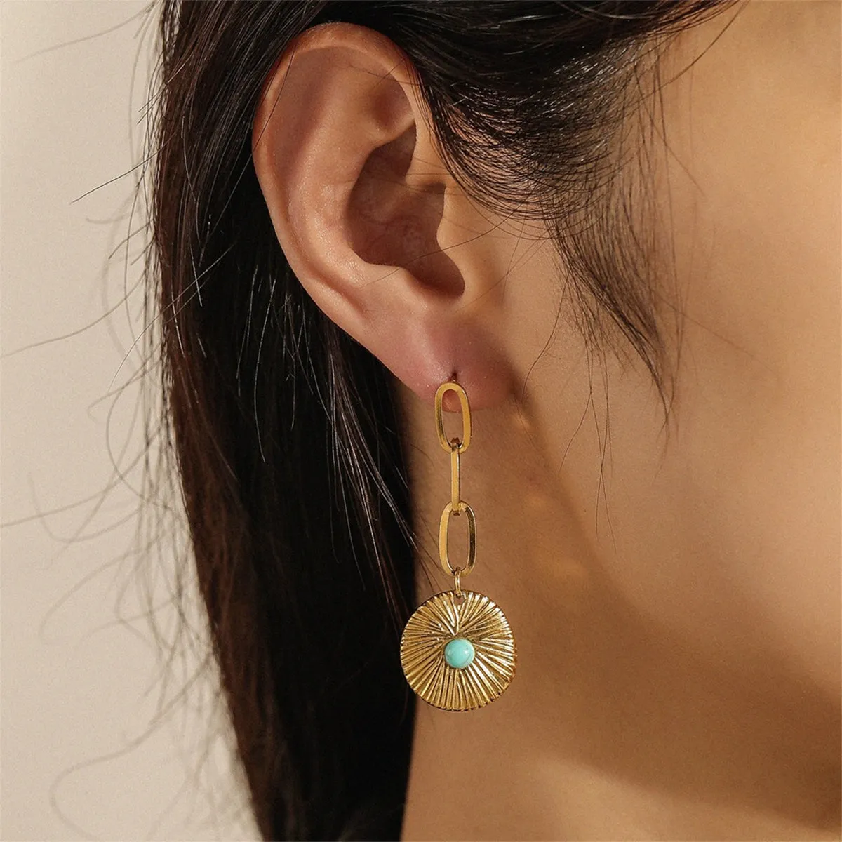 Turquoise & 18K Gold-Plated Sword Shield Mismatching Drop Earrings