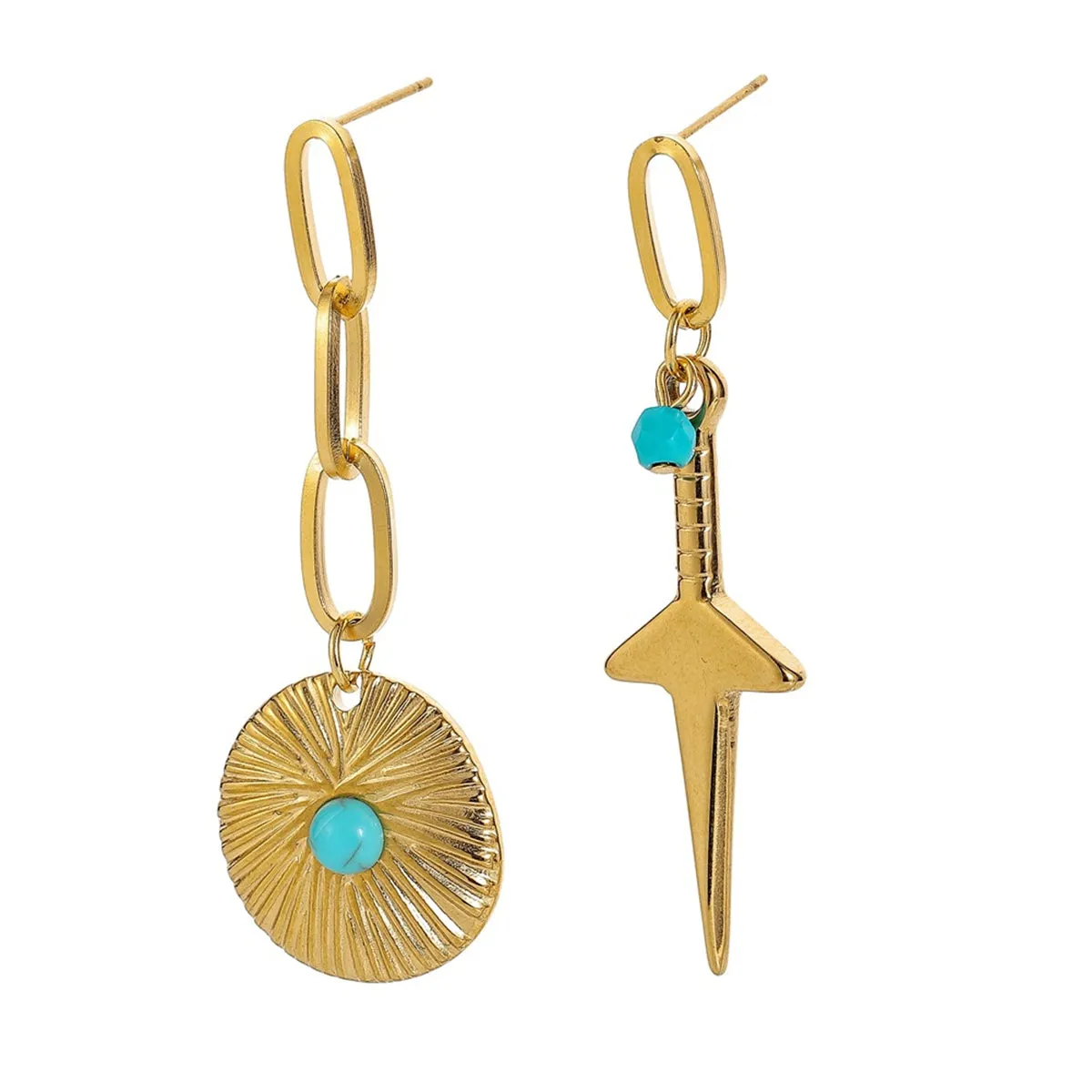 Turquoise & 18K Gold-Plated Sword Shield Mismatching Drop Earrings