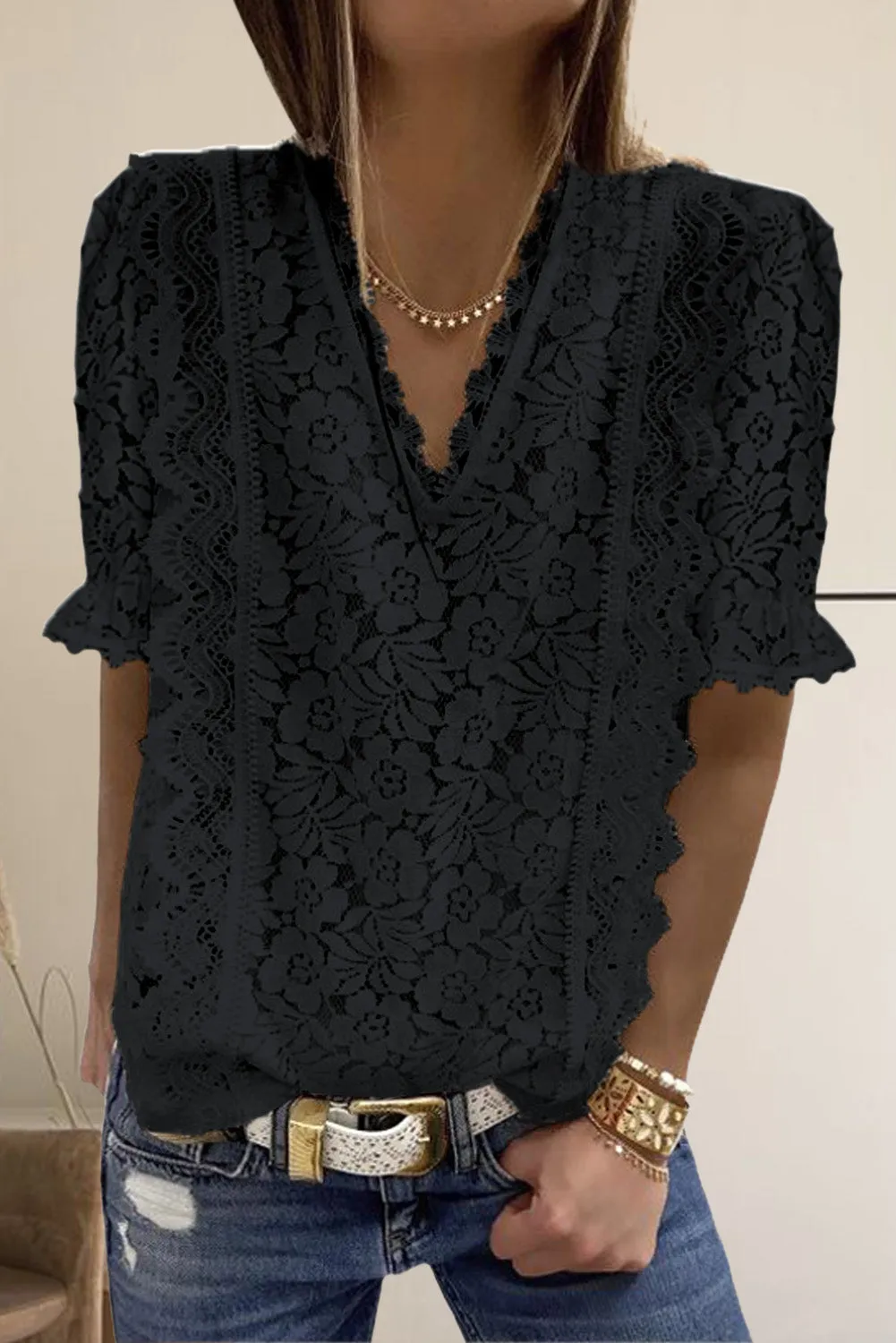 V Neck Lace Short Sleeve Top