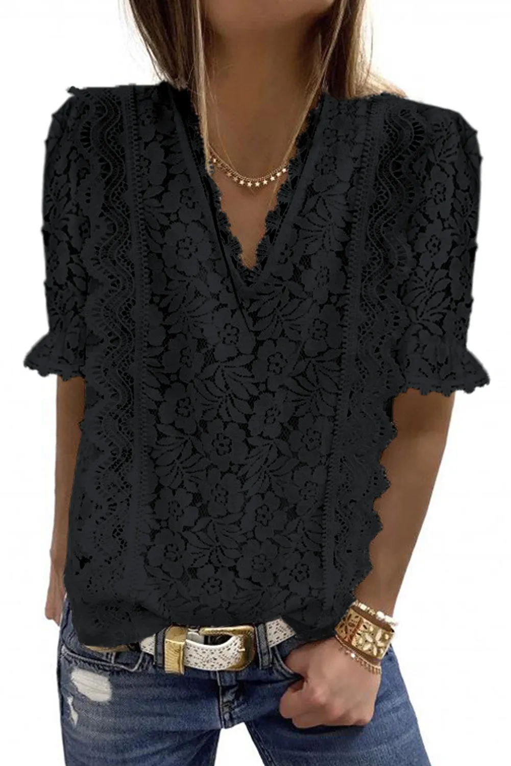 V Neck Lace Short Sleeve Top