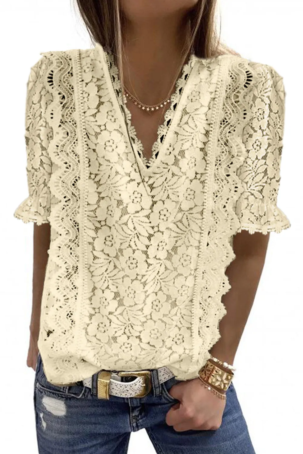 V Neck Lace Short Sleeve Top