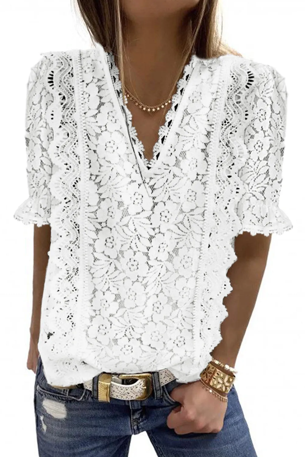 V Neck Lace Short Sleeve Top
