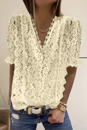 V Neck Lace Short Sleeve Top