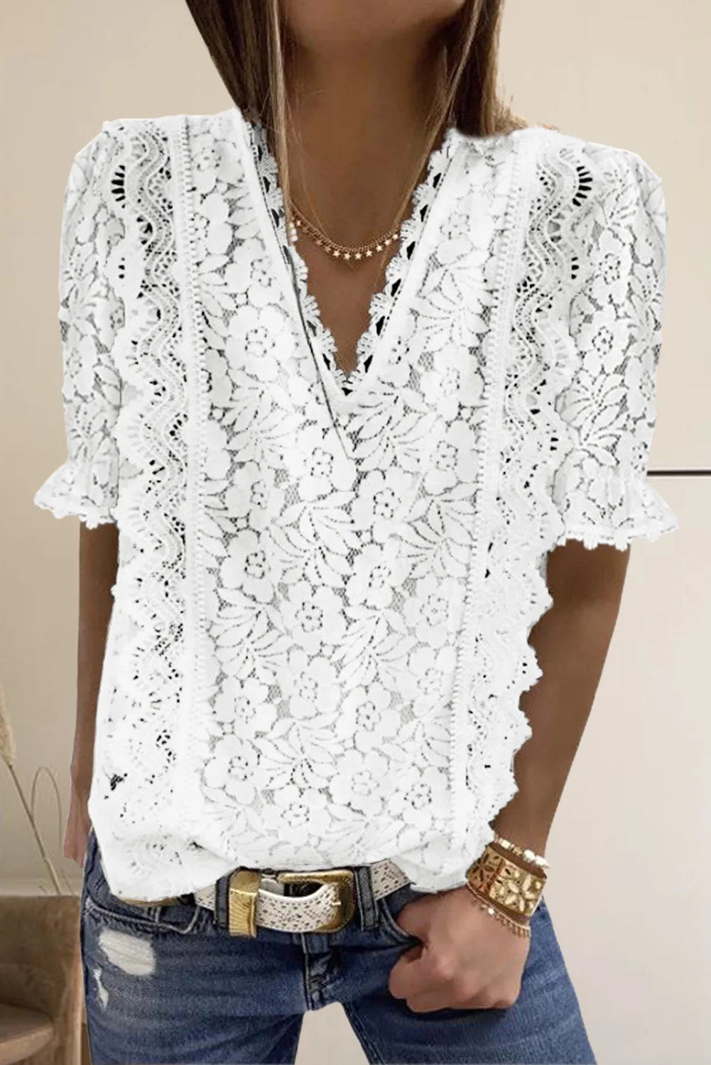 V Neck Lace Short Sleeve Top