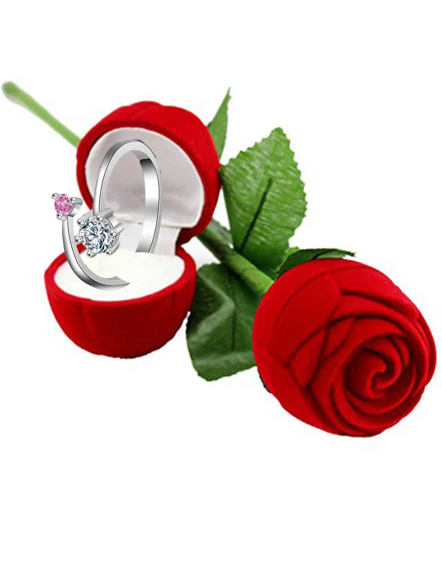 Valentine Gift By Karatcart Platinum Plated Elegant Classic Pink Crystal Adjustable Ring For Women