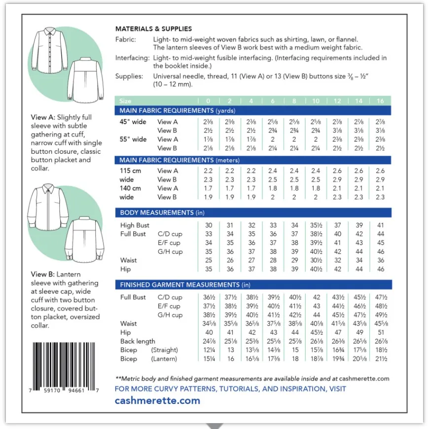 Vernon Shirt Size 0-16 by Cashmerette