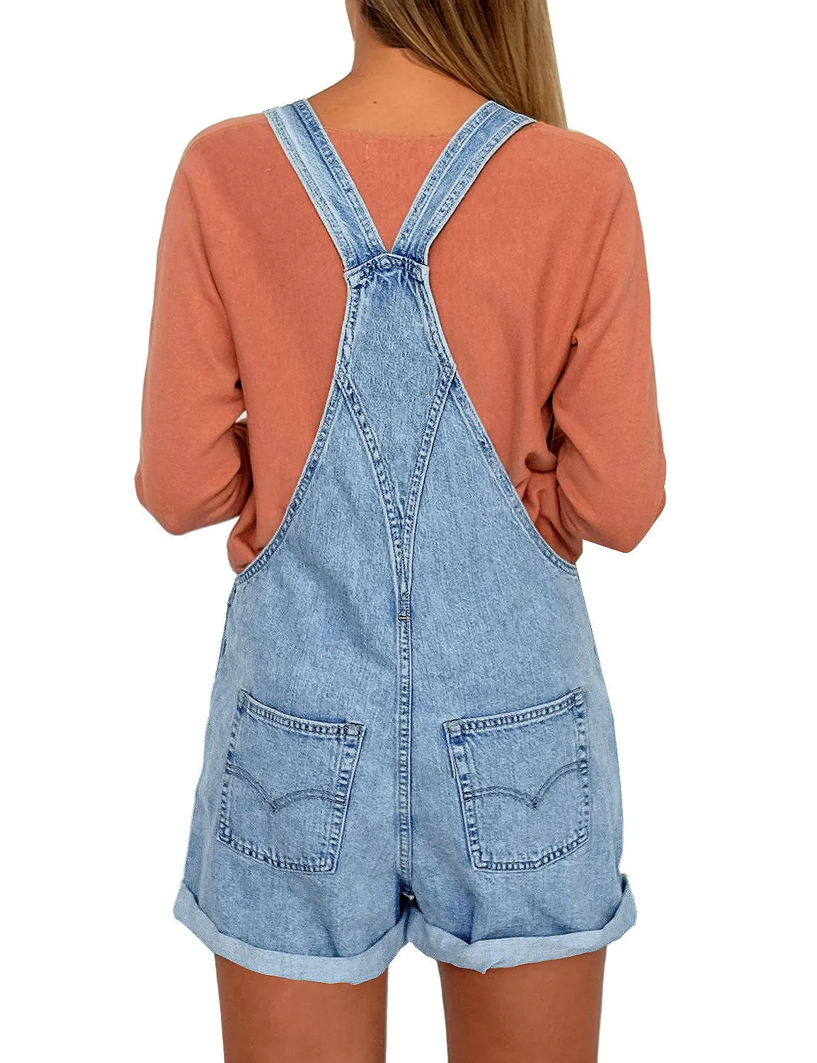 Vetinee Women's Classic Adjustable Straps Cuffed Hem Denim Bib Overalls Shorts