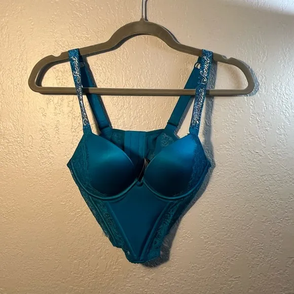 Victoria’s Secret Teal Lace Women's Intimate Bodysuit Shiny Straps 32B Lingerie