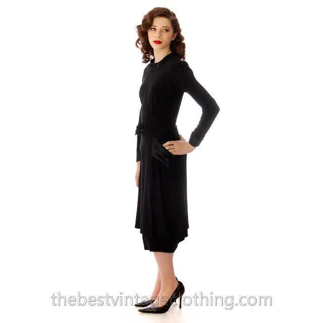 Vintage Late 1930s  Rayon Knit  Dress Black Pocket Details 36 Bust