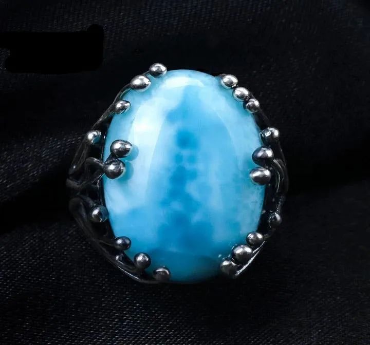 Vintage Natural larimar ring blue gemstone 925 silver Women's fine jewelry