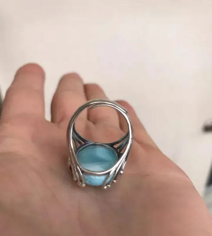 Vintage Natural larimar ring blue gemstone 925 silver Women's fine jewelry