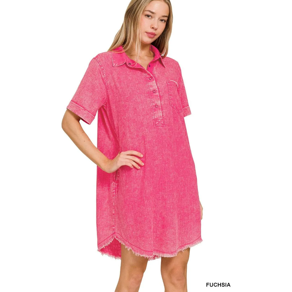 WASHED LINEN RAW EDGE BUTTON DOWN V-NECK DRESS