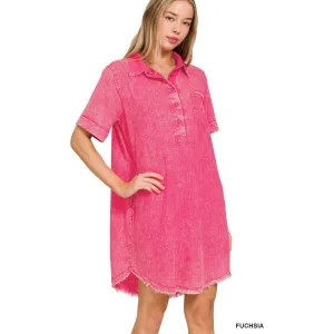 WASHED LINEN RAW EDGE BUTTON DOWN V-NECK DRESS