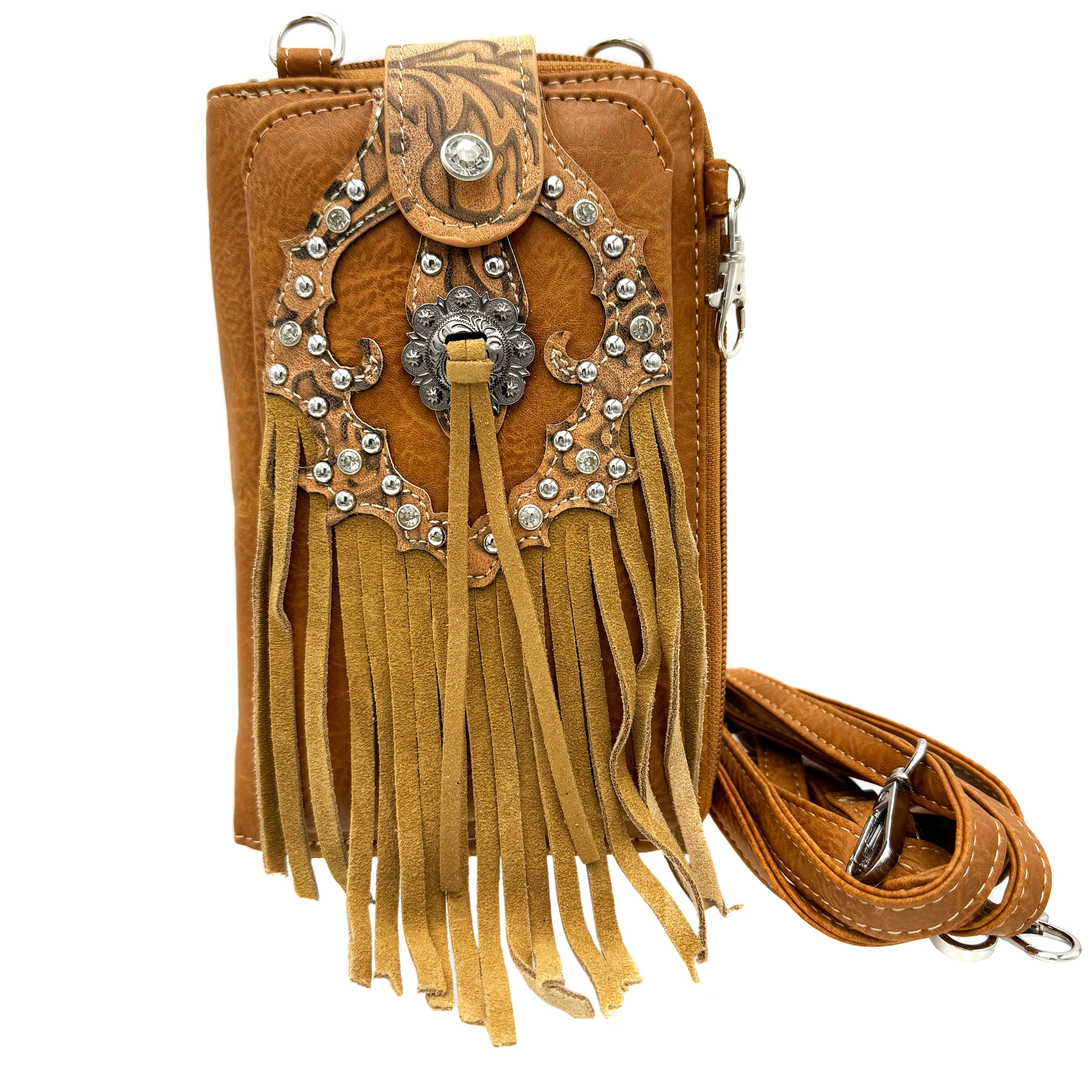 Western Fringe Women's Crossbody Phone Wallet: Brown
