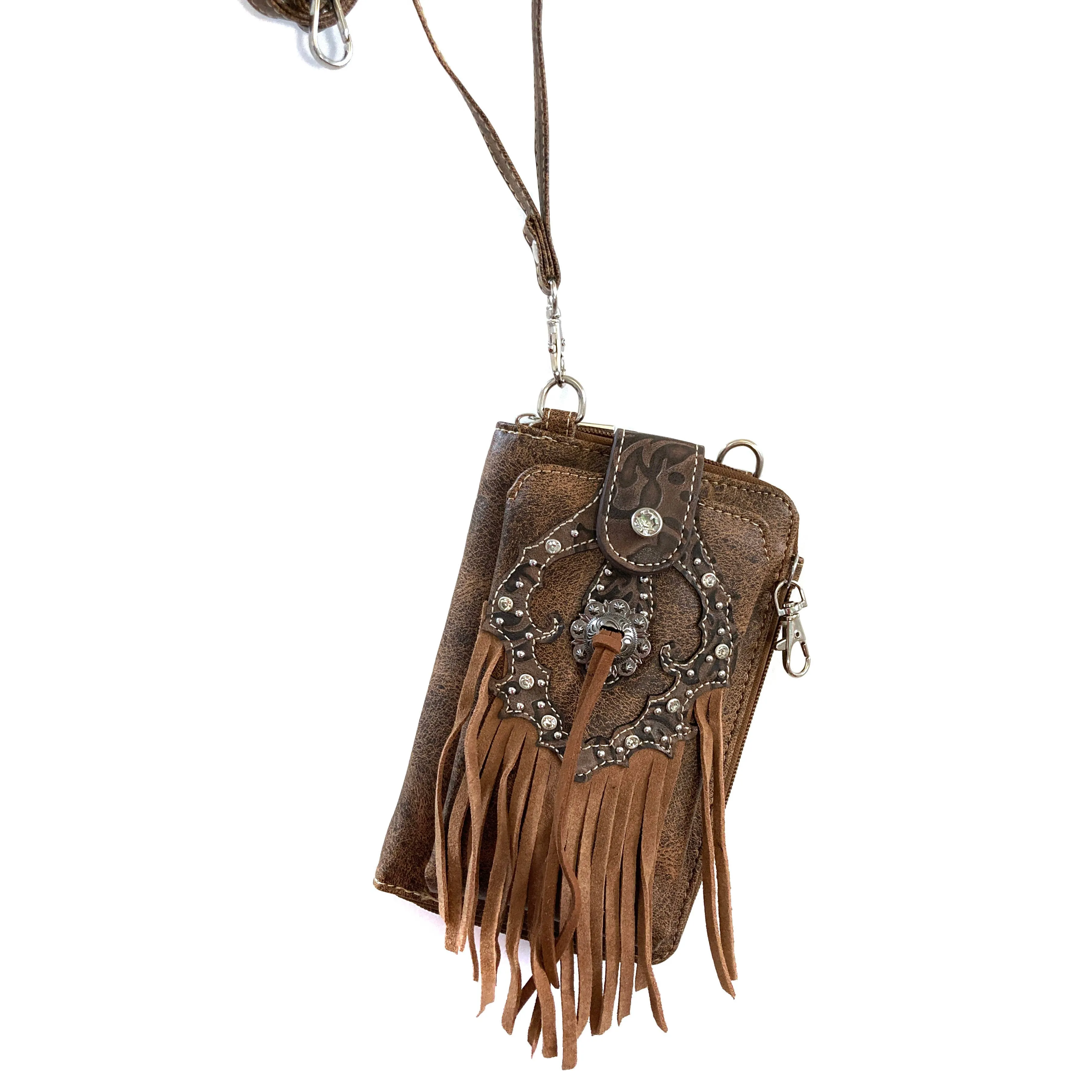 Western Fringe Women's Crossbody Phone Wallet: Brown