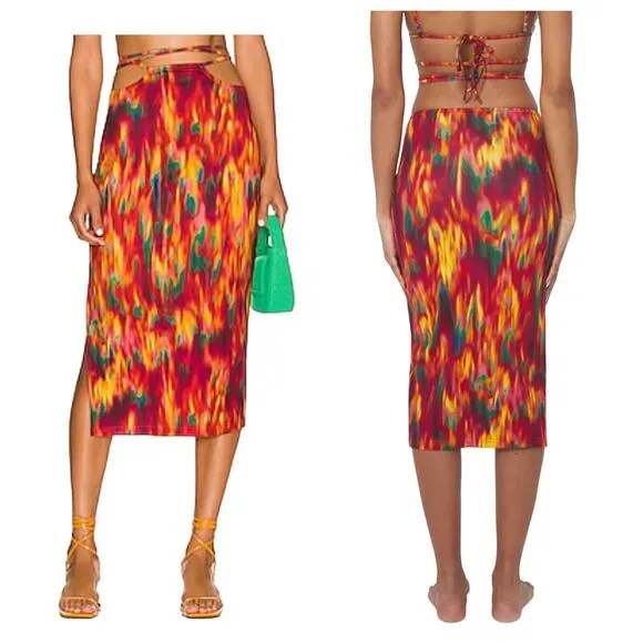 WeWoreWhat Cutout Midi Skirt Fire Tie Dye Spicy Orange Women's Size Large New