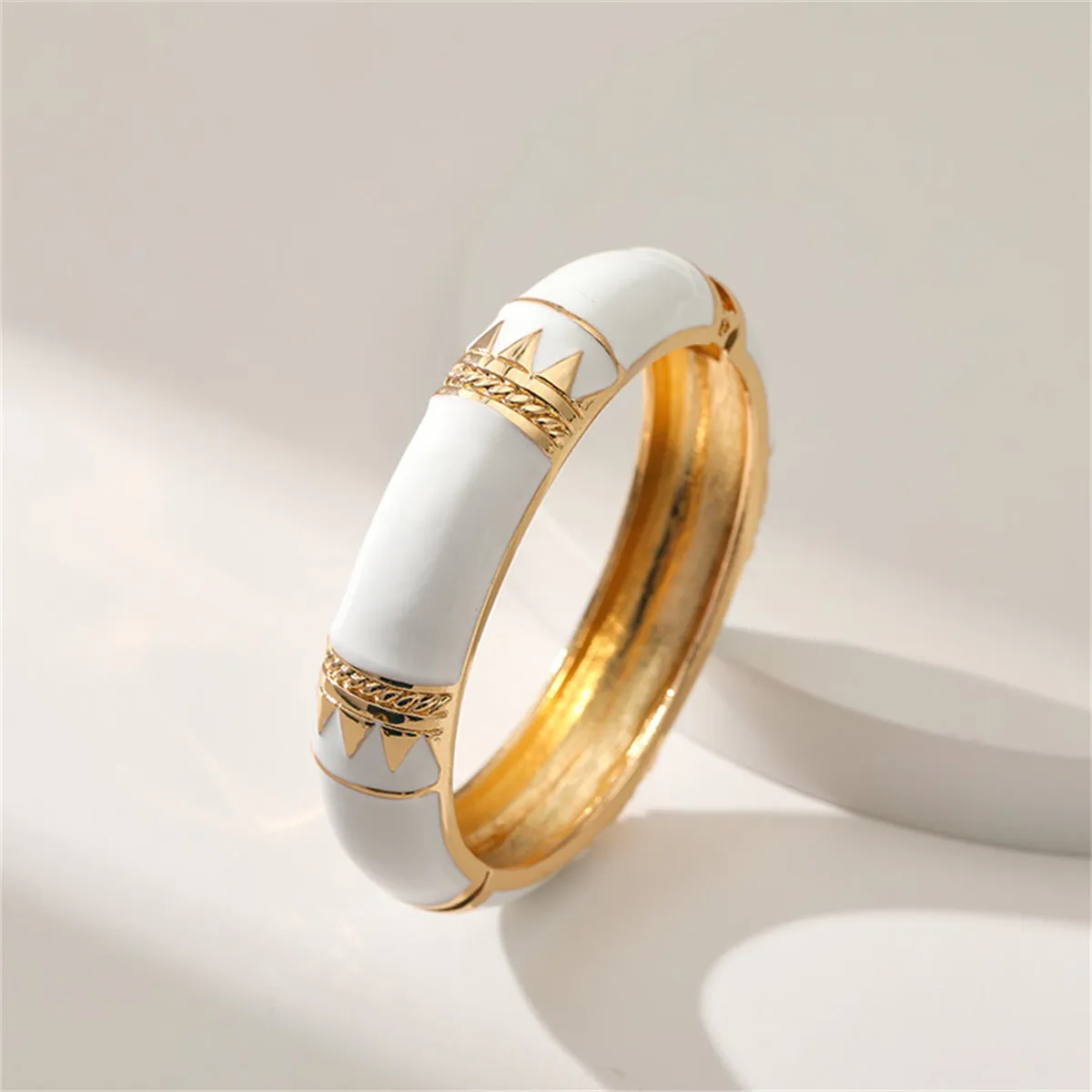 White Enamel & 18K Gold-Plated Geometric Bamboo Bangle