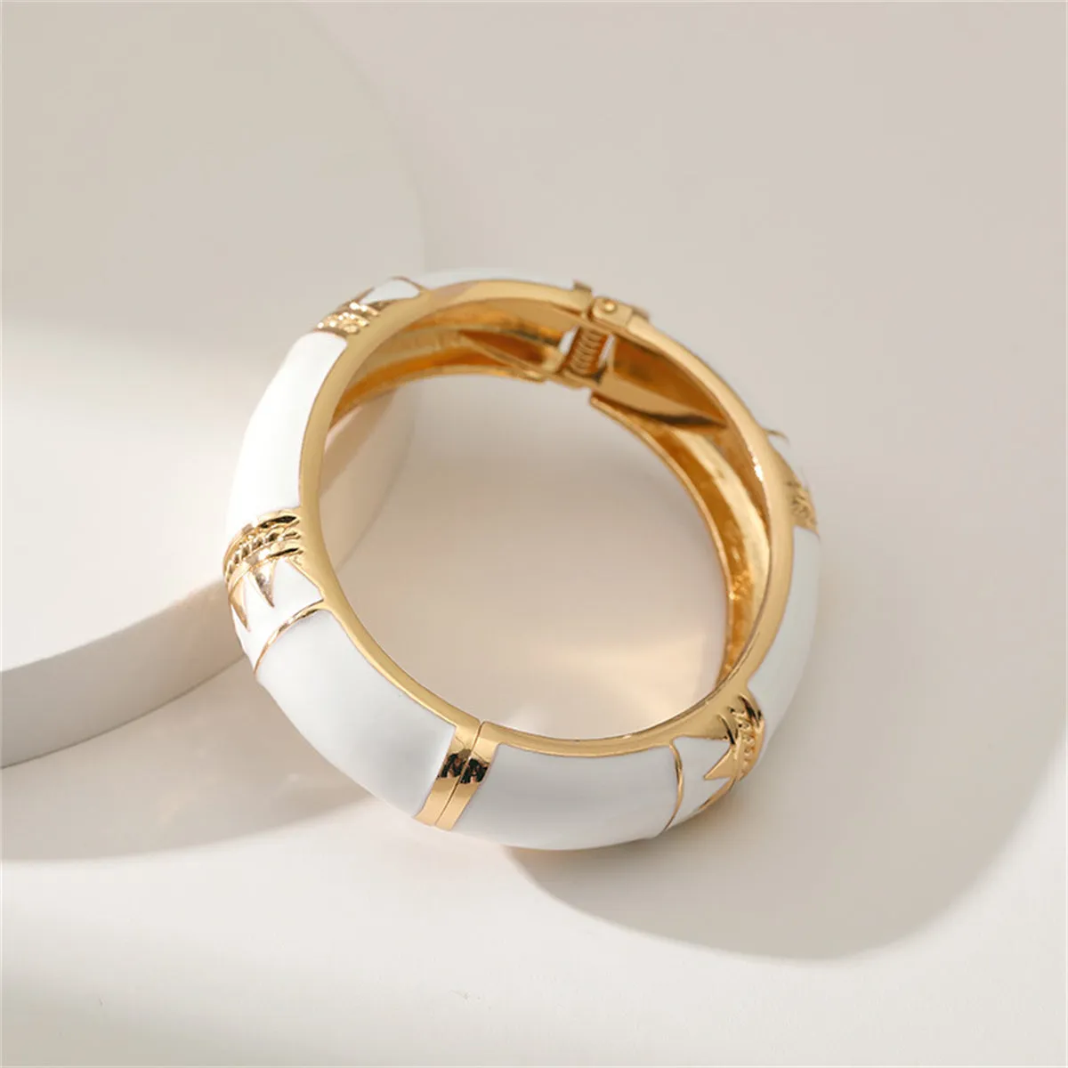 White Enamel & 18K Gold-Plated Geometric Bamboo Bangle