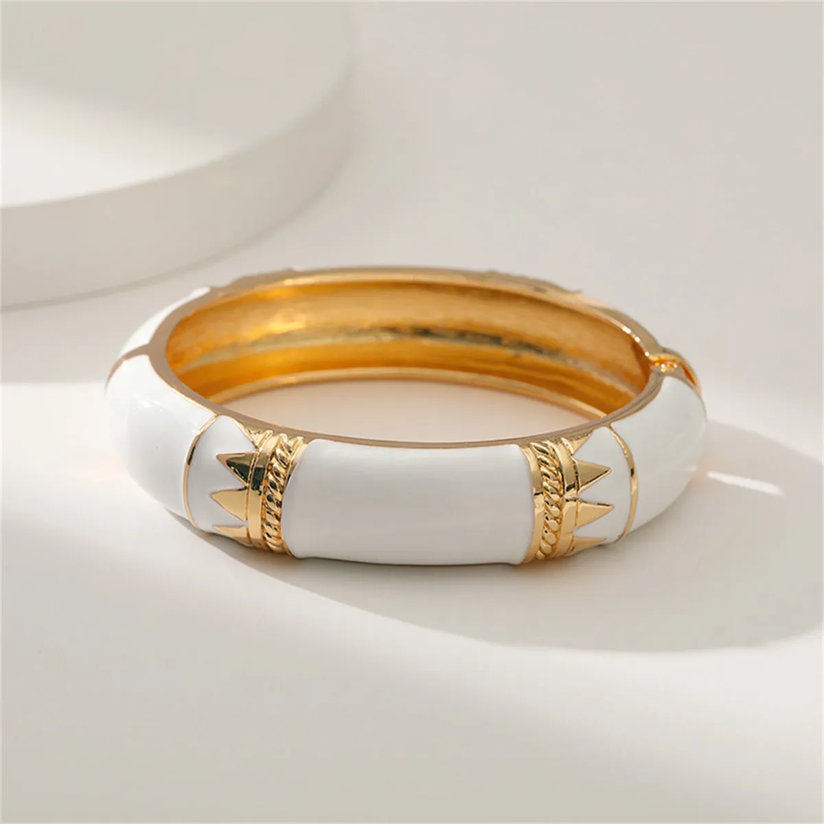 White Enamel & 18K Gold-Plated Geometric Bamboo Bangle