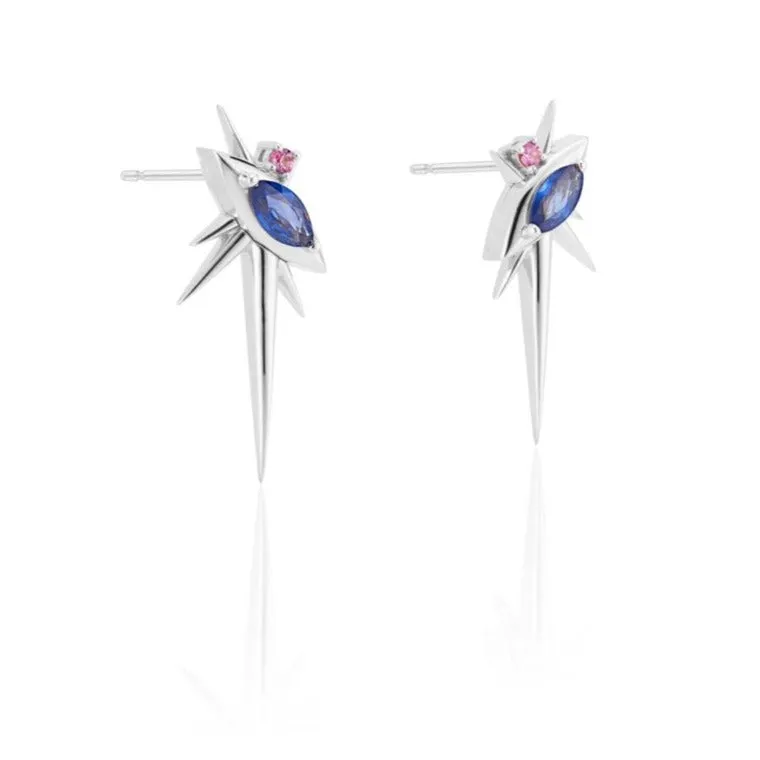 White Gold - Sapphire Drop Earrings - Spike Earrings