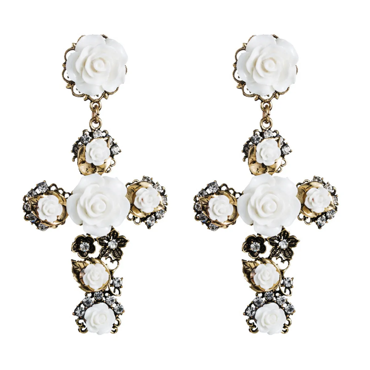 White Resin & Cubic Zirconia Rose Cross Drop Earrings
