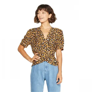 Who What Wear Leopard Print Short Sleeve Deep V-Neck Wrap Top