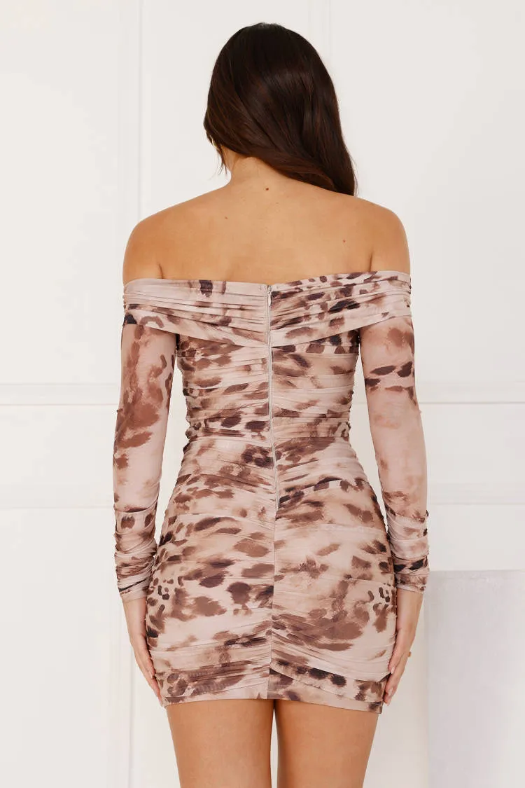 Wild Times Off Shoulder Long Sleeve Mesh Mini Dress Brown