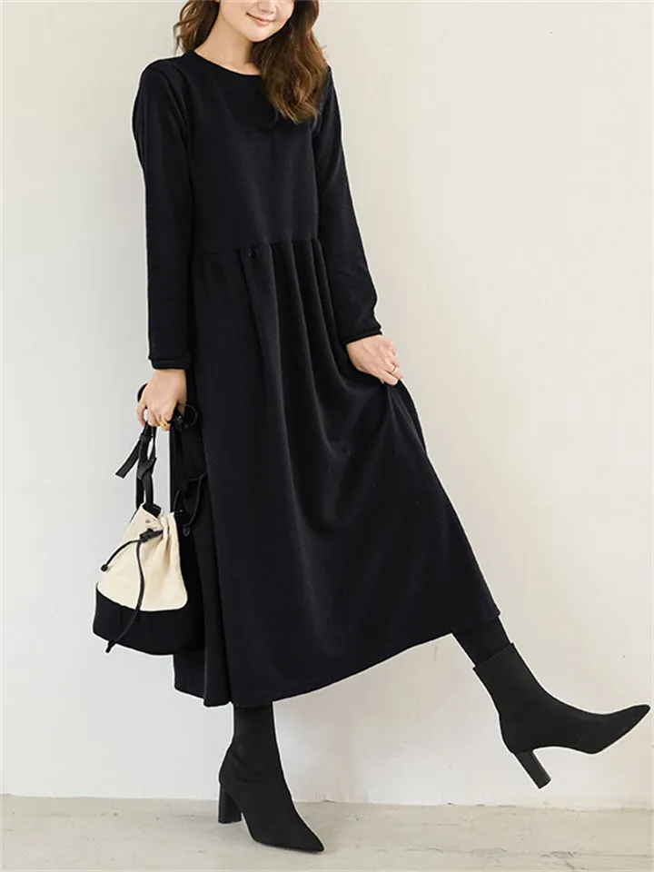 Winter Gentle Round Neck Long Sleeve A-Line Dress for Women