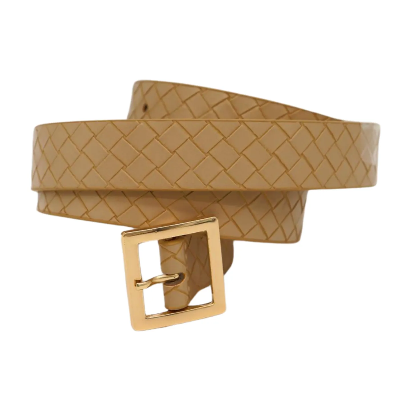 Women Beige Basket Weave Belt Gold Metal Square Buckle Fit S M
