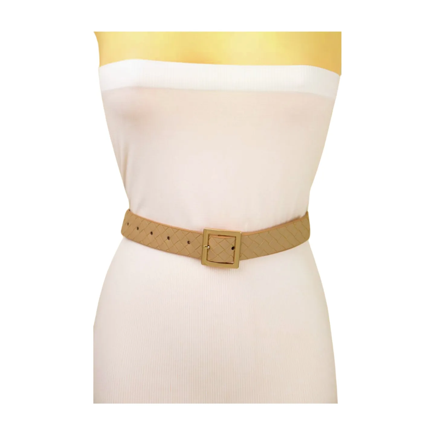 Women Beige Basket Weave Belt Gold Metal Square Buckle Fit S M
