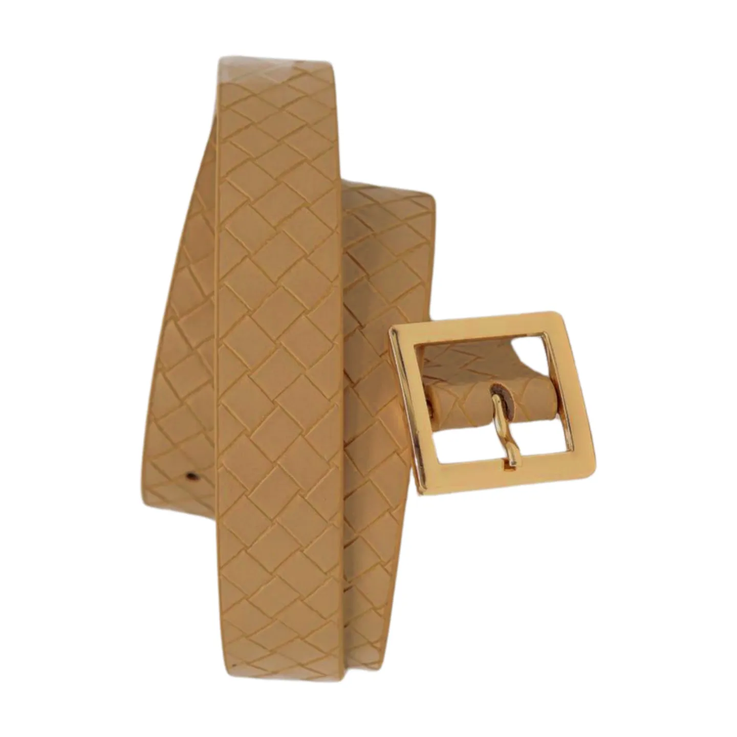 Women Beige Basket Weave Belt Gold Metal Square Buckle Fit S M