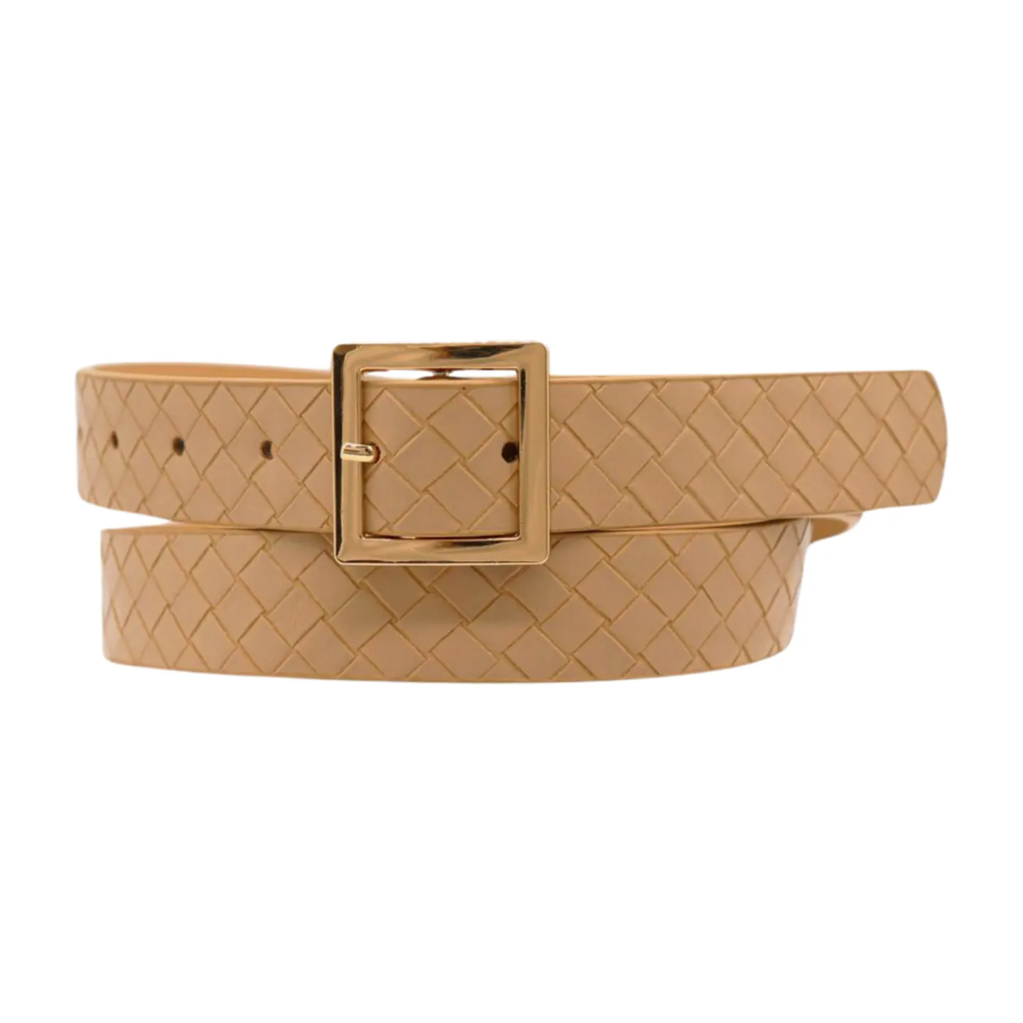 Women Beige Basket Weave Belt Gold Metal Square Buckle Fit S M