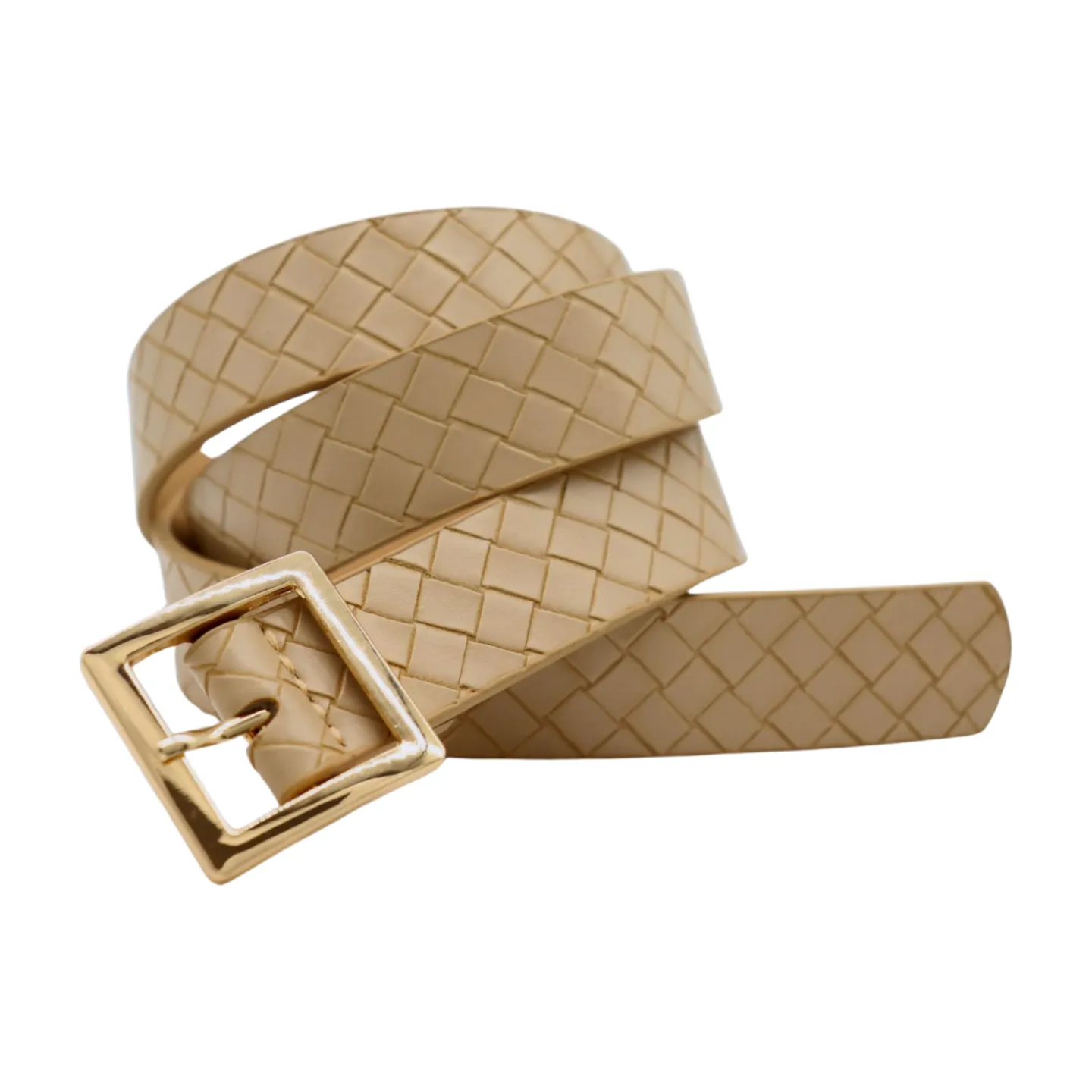 Women Beige Basket Weave Belt Gold Metal Square Buckle Fit S M