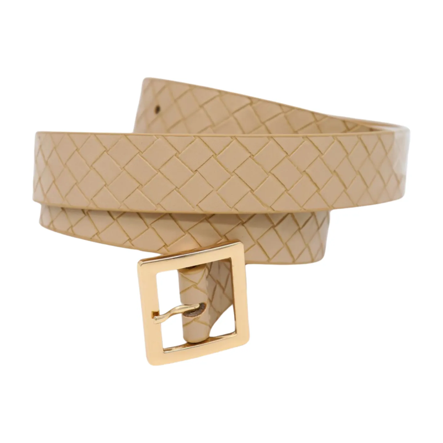 Women Beige Basket Weave Belt Gold Metal Square Buckle Fit S M
